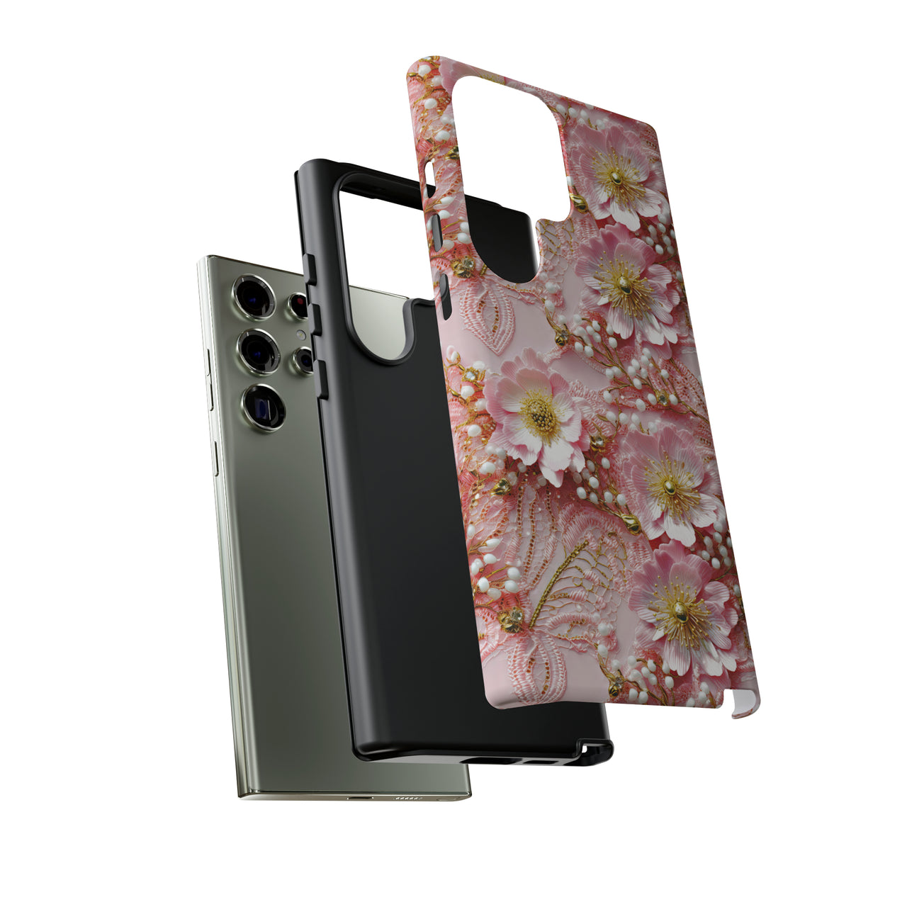 Gold-Kissed Flowers on Pink Lace - Tough Case for Samsung Galaxy S23, Samsung Galaxy S23 Plus, and Samsung Galaxy S23 Ultra