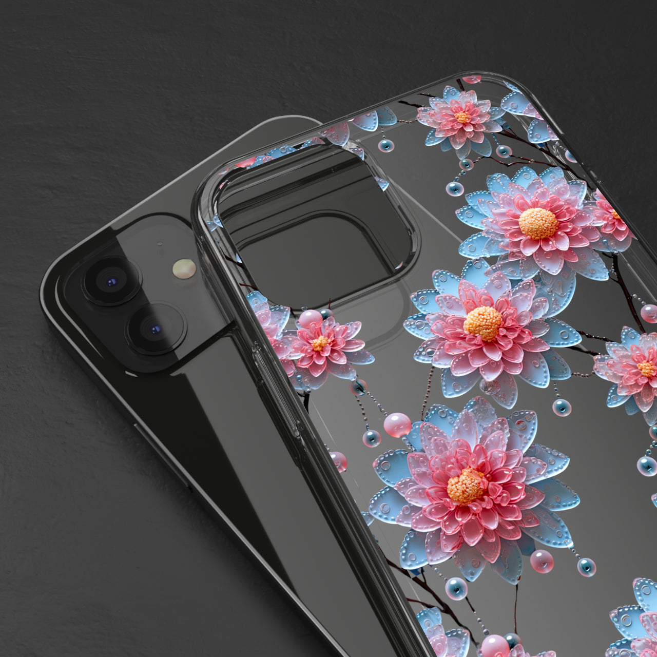 *Clear Case* Pink and Blue Glass Flowers - iPhone 12, iPhone 12 Mini, iPhone 12 Pro, iPhone 12 Pro Max - Supports Wireless Charging