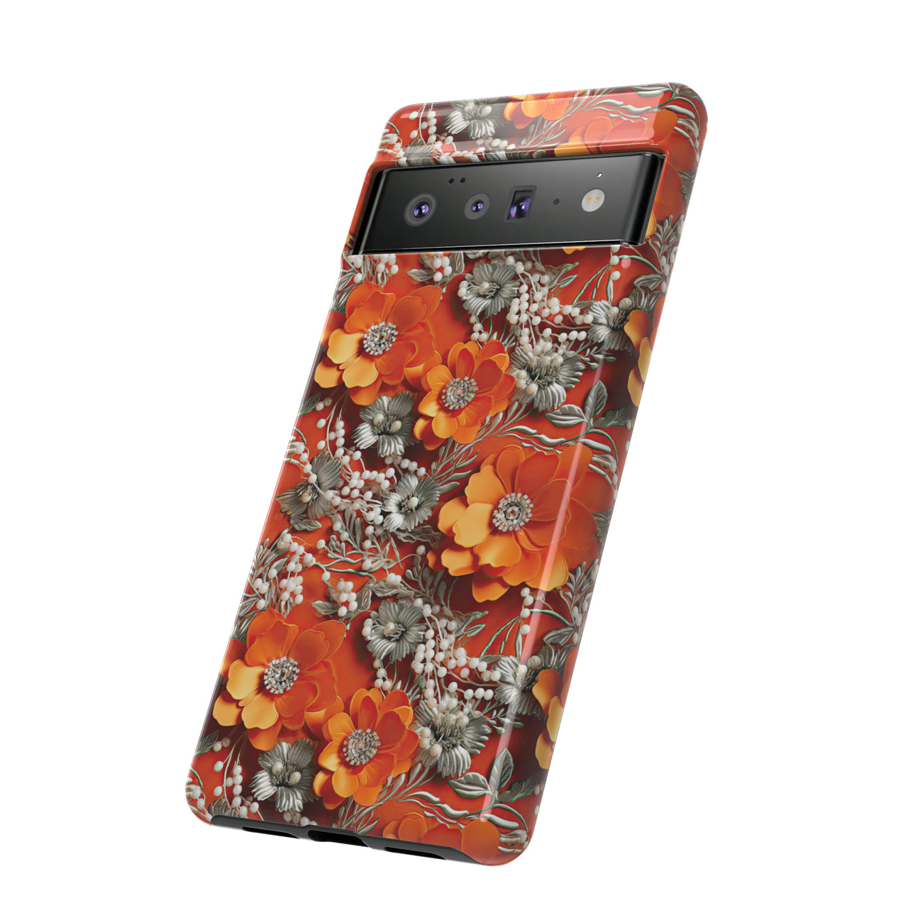 Orange Petals in Silver Tapestry Tough Case for Google Pixel 6 and Google Pixel 6 Pro