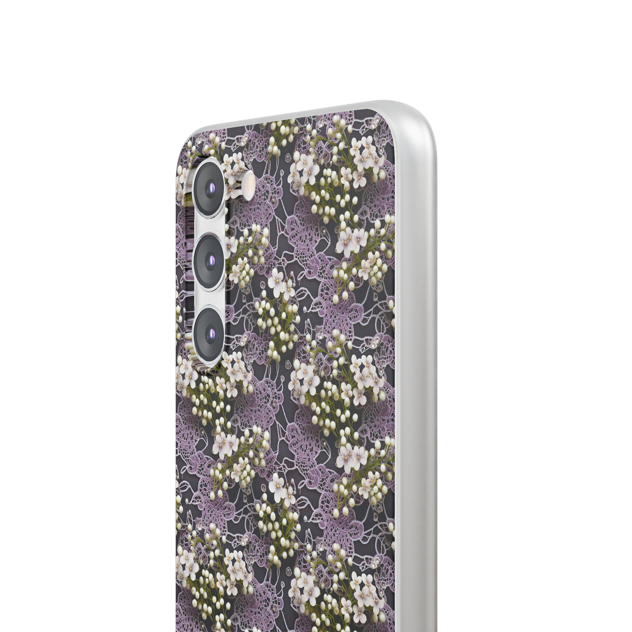 White Flowers on a Purple Bed - Flexi Cases for Samsung Galaxy S23, Samsung Galaxy S23 Plus, and Samsung Galaxy S23 Ultra