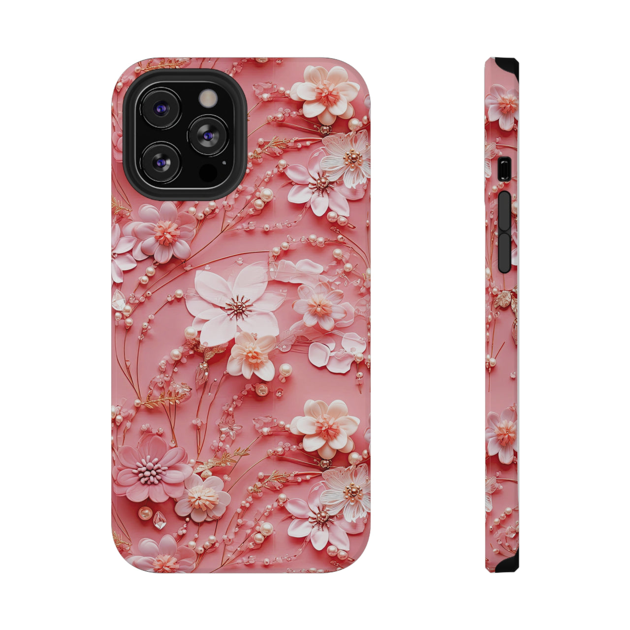 Floral Champagne Toast Impact-Resistant Case for iPhone 12, iPhone 12 Mini, iPhone 12 Pro, and iPhone 12 Pro Max. Supports Wireless Charging.