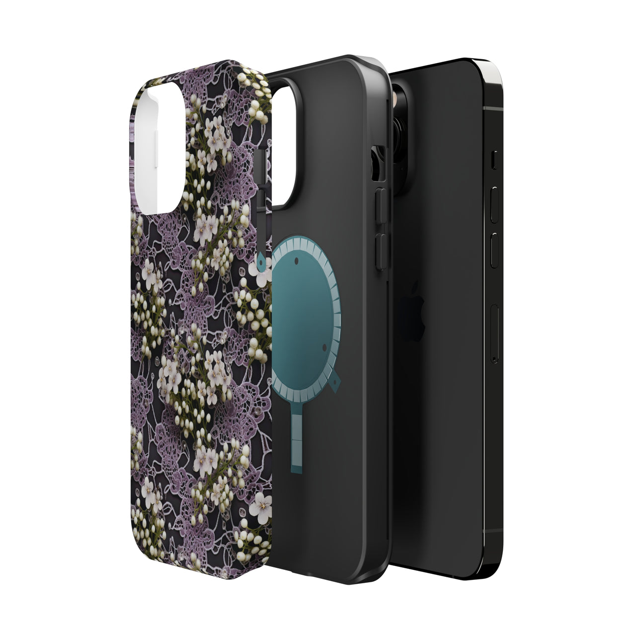 White Flowers on a Purple Bed - MagSafe Tough Cases for iPhone 13, iPhone 13 Mini, iPhone 13 Pro, and iPhone 13 Pro Max.