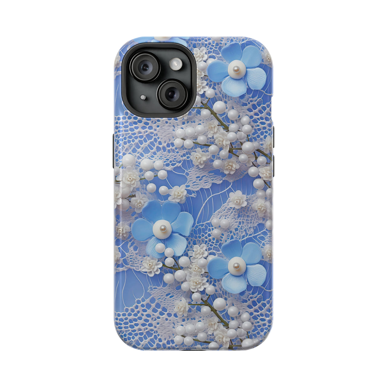 Pearls and Lace on Baby Blue - MagSafe Tough Case for iPhone 15, iPhone 15 Pro, iPhone 15 Plus, & iPhone 15 Pro Max