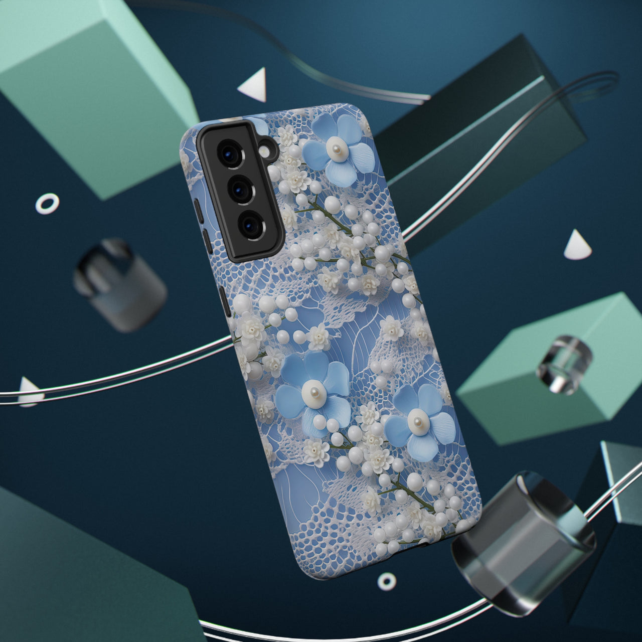 Pearls and Lace on Baby Blue - Impact-Resistant Case for Samsung Galaxy S21, Samsung Galaxy S21 Plus, and Samsung Galaxy S21 Ultra. Supports Wireless Charging.