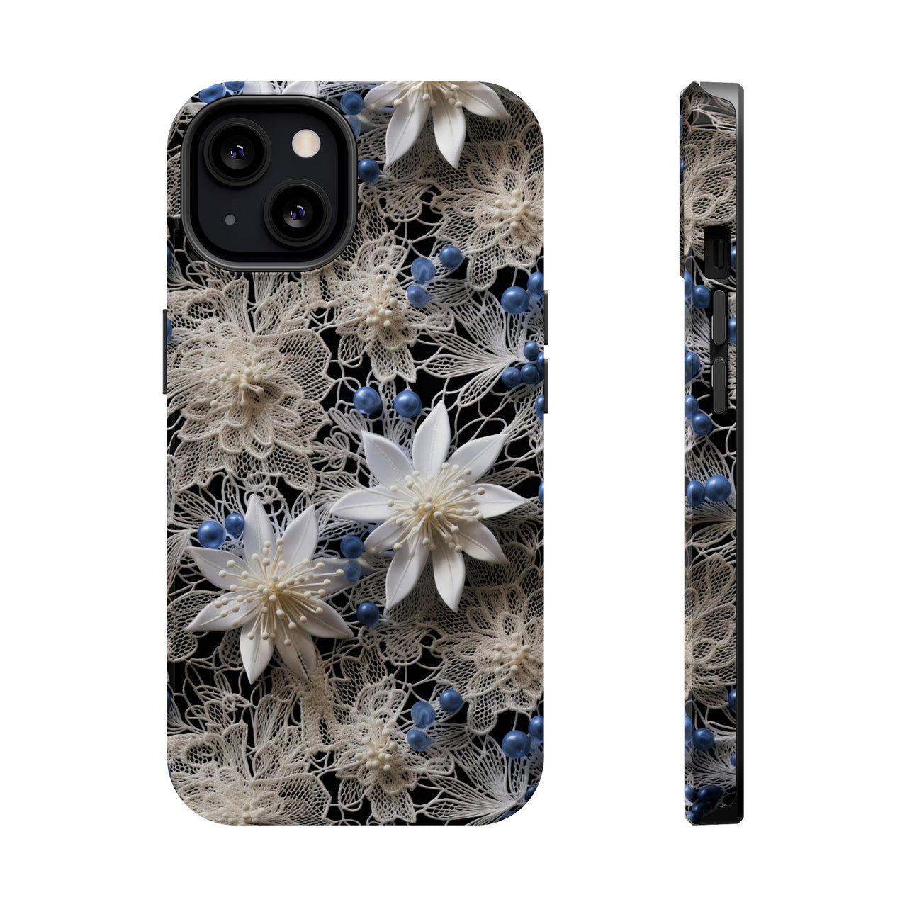 Vintage Lace and Clematis MagSafe Tough Cases for iPhone 13, iPhone 13 Mini, iPhone 13 Pro, and iPhone 13 Pro Max.