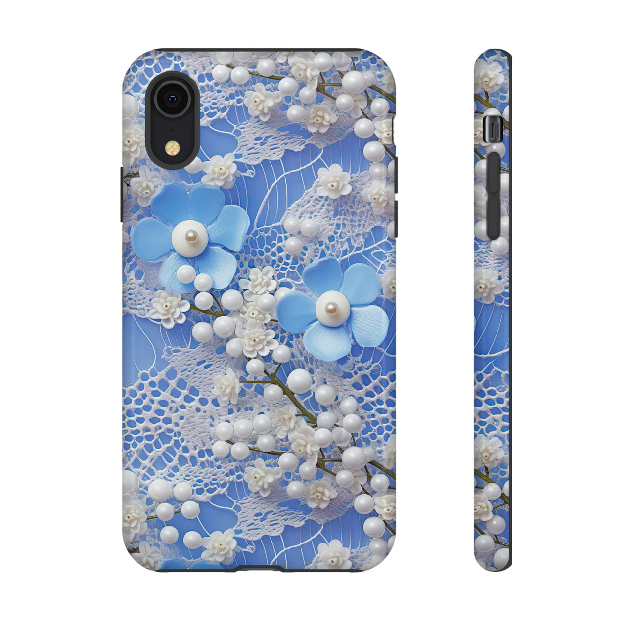 Pearls and Lace on Baby Blue - Tough Cases for iPhone X, iPhone XR, iPhone XS, and iPhone XS MAX.