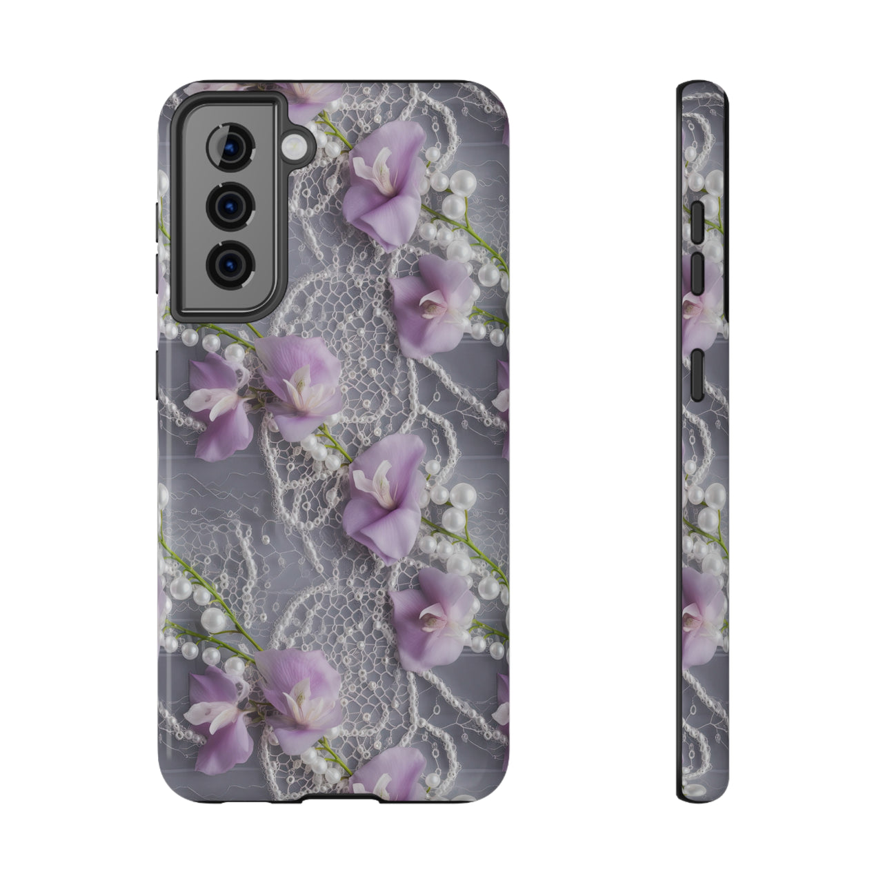 Purple Sweet Pea Impact-Resistant Cases for Samsung Galaxy S21, Samsung Galaxy S21 Plus, and Samsung Galaxy S21 Ultra. Supports Wireless Charging.