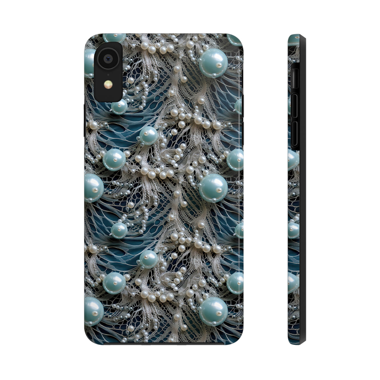 Sea Foam Lace and Pearls Tough Phone Cases for iPhone X, iPhone XR, iPhone XS, and iPhone XS MAX. Supports Wireless Charging.