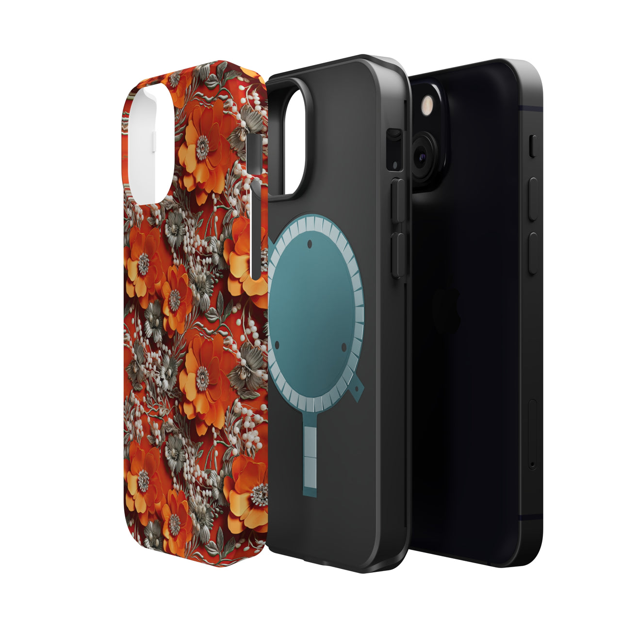 Orange Petals in Silver Tapestry MagSafe Tough Cases for iPhone 13, iPhone 13 Mini, iPhone 13 Pro, and iPhone 13 Pro Max.