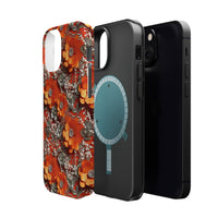 Thumbnail for Orange Petals in Silver Tapestry MagSafe Tough Cases for iPhone 13, iPhone 13 Mini, iPhone 13 Pro, and iPhone 13 Pro Max.