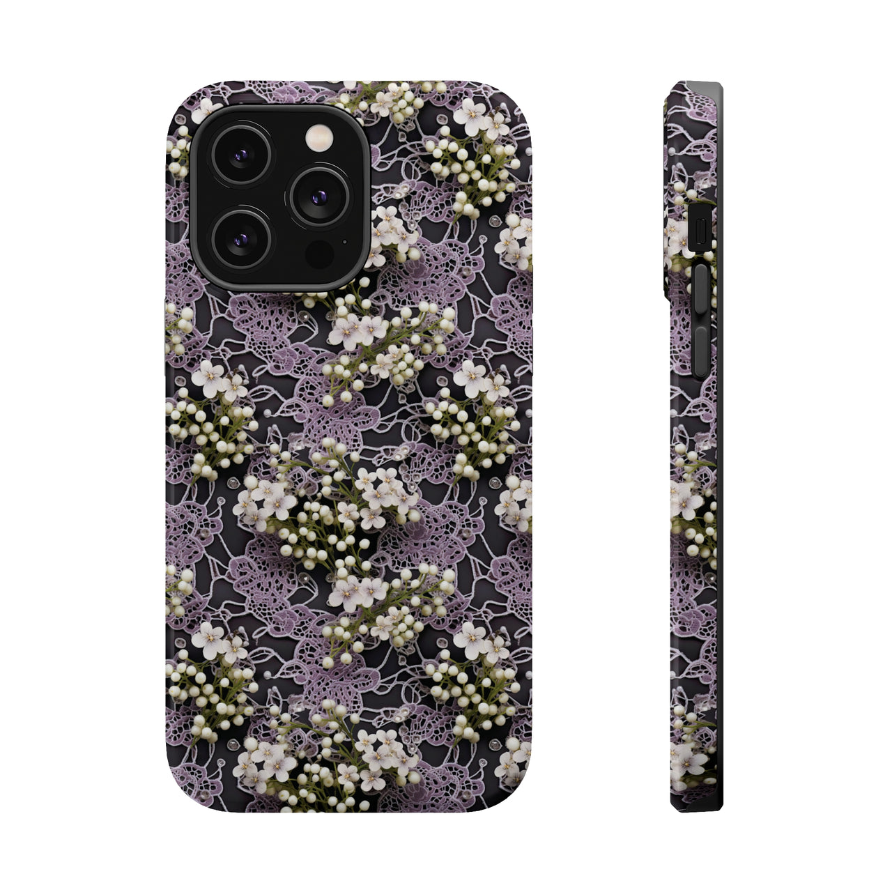 White Flowers on a Purple Bed - MagSafe Tough Cases for iPhone 14, iPhone 14 Pro, iPhone 14 Plus, and iPhone 14 Pro Max