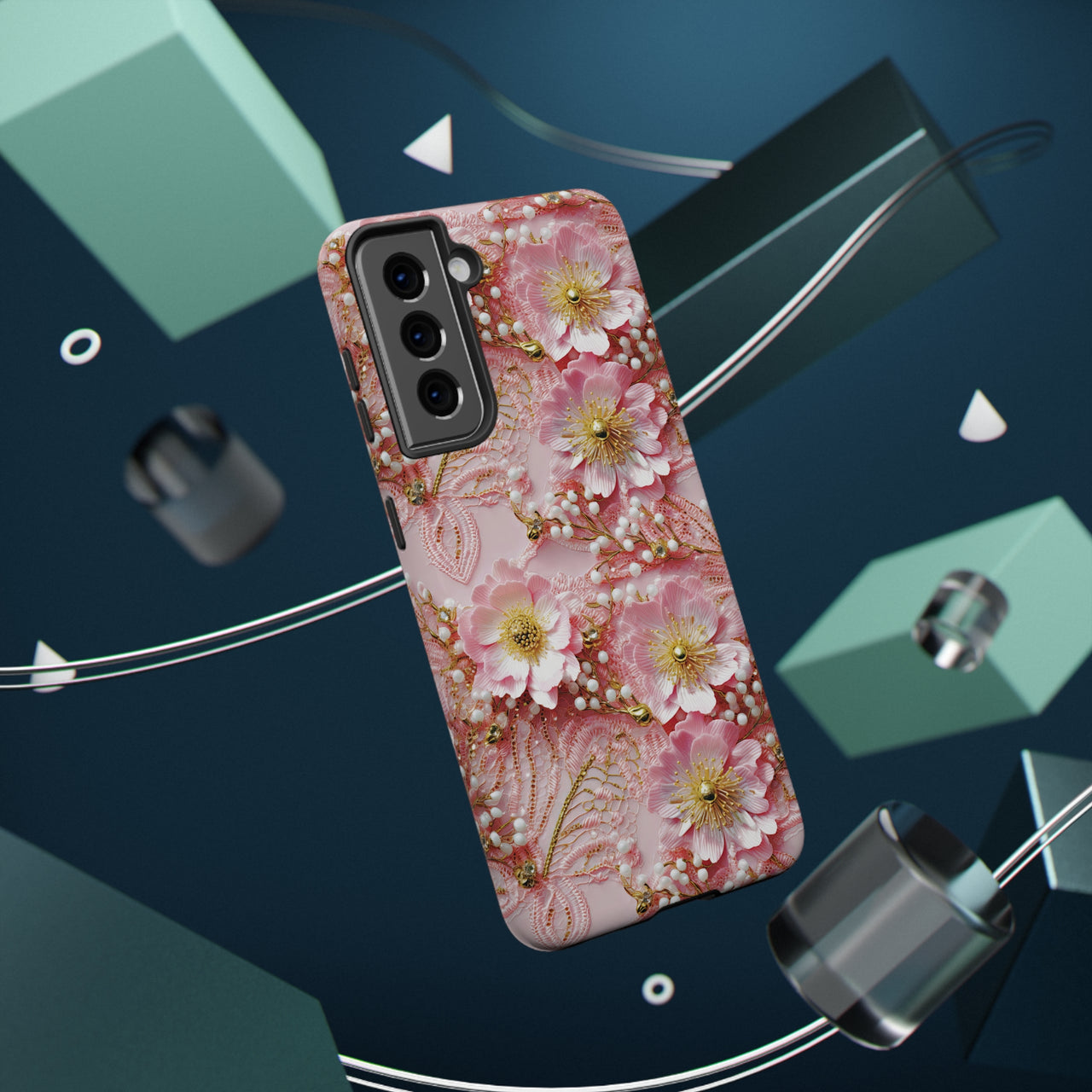 Gold-Kissed Flowers on Pink Lace - Impact-Resistant Case for Samsung Galaxy S21, Samsung Galaxy S21 Plus, and Samsung Galaxy S21 Ultra. Supports Wireless Charging.