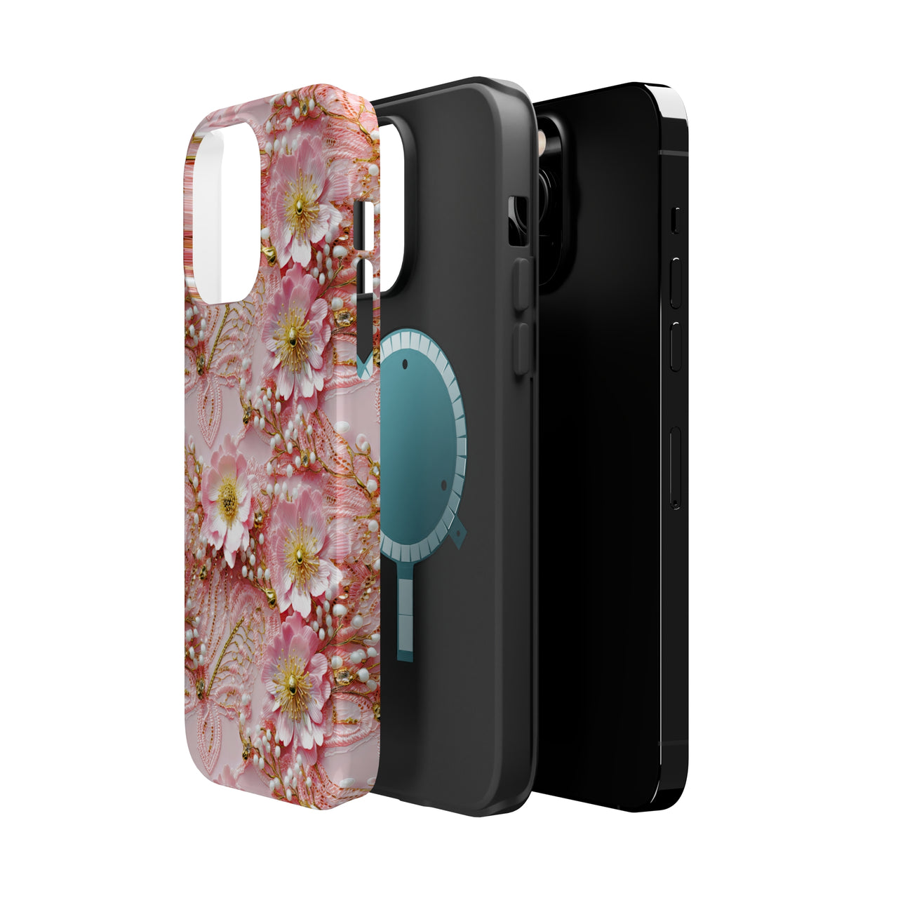 Gold-Kissed Flowers on Pink Lace - MagSafe Tough Case for iPhone 14, iPhone 14 Pro, iPhone 14 Plus, and iPhone 14 Pro Max