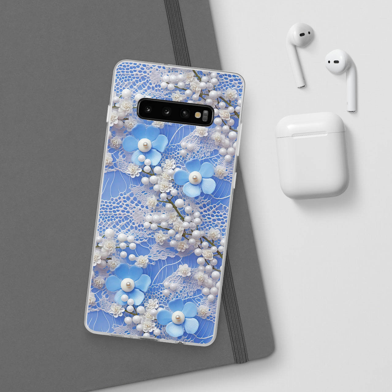 Pearls and Lace on Baby Blue - Flexi Cases for Samsung Galaxy S10, Samsung Galaxy S10E, & Samsung Galaxy S10 Plus