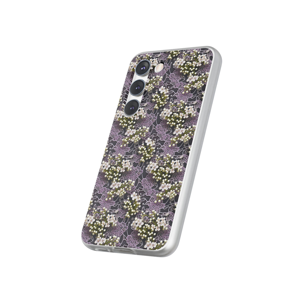 White Flowers on a Purple Bed - Flexi Cases for Samsung Galaxy S23, Samsung Galaxy S23 Plus, and Samsung Galaxy S23 Ultra