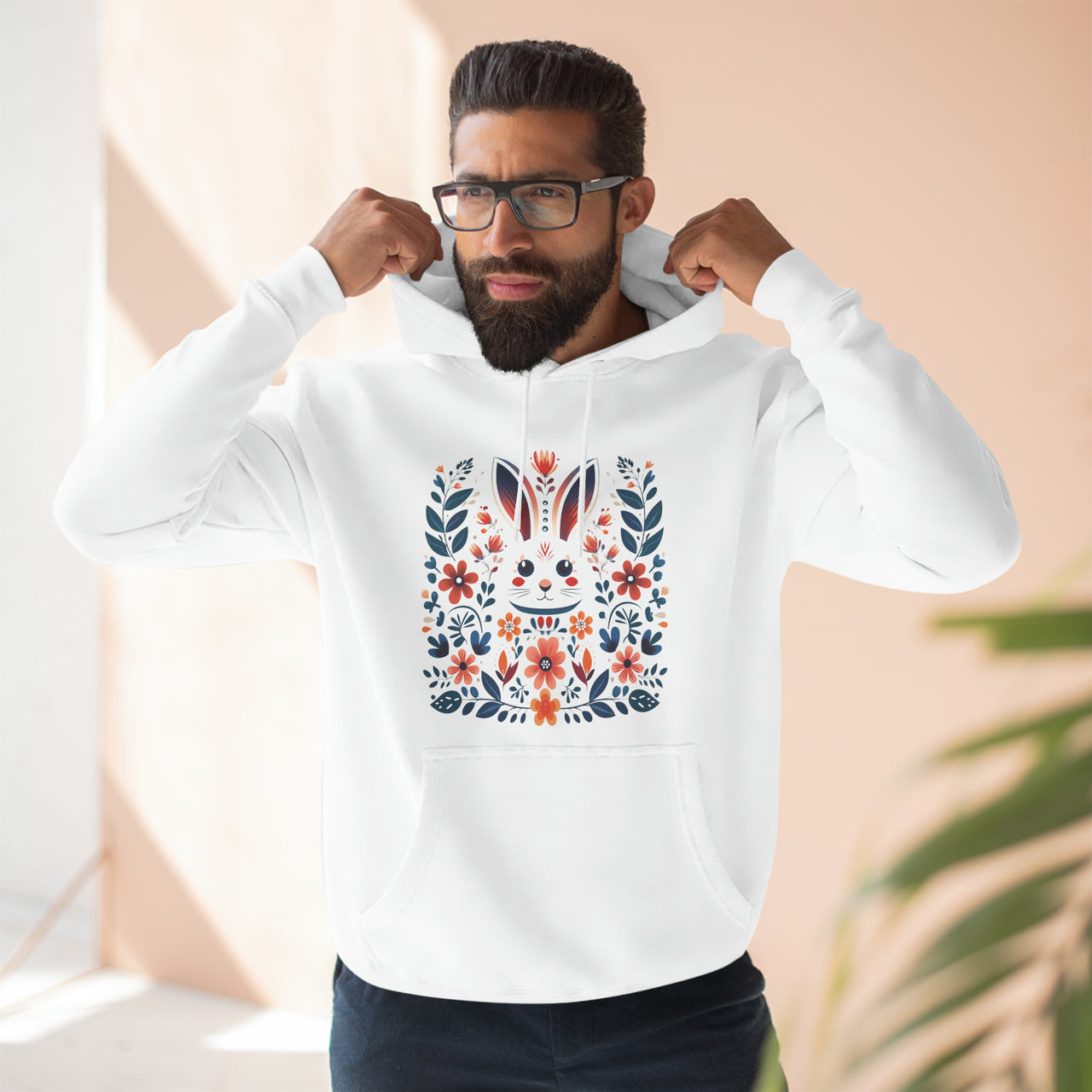 Folk Art Rabbit Three-Panel Fleece Hoodie