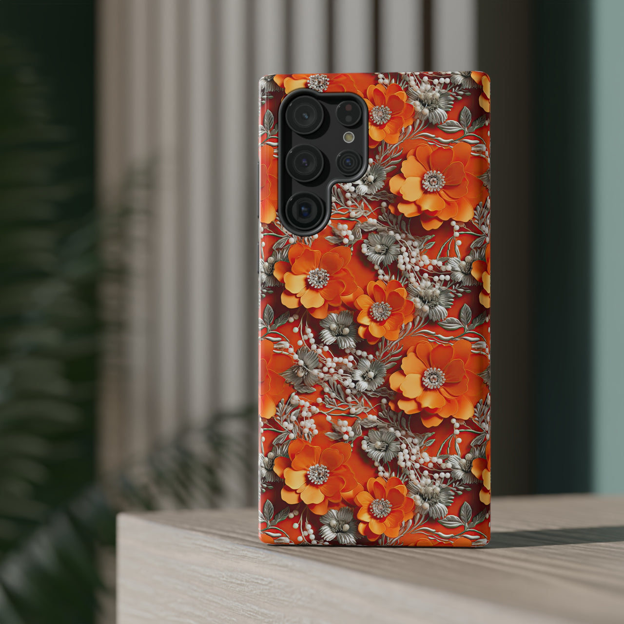 Orange Petals in Silver Tapestry Impact-Resistant Case for Samsung Galaxy S22, Samsung Galaxy S22 Plus, and Samsung Galaxy S22 Ultra. Supports Wireless Charging.