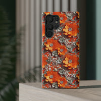 Thumbnail for Orange Petals in Silver Tapestry Impact-Resistant Case for Samsung Galaxy S22, Samsung Galaxy S22 Plus, and Samsung Galaxy S22 Ultra. Supports Wireless Charging.