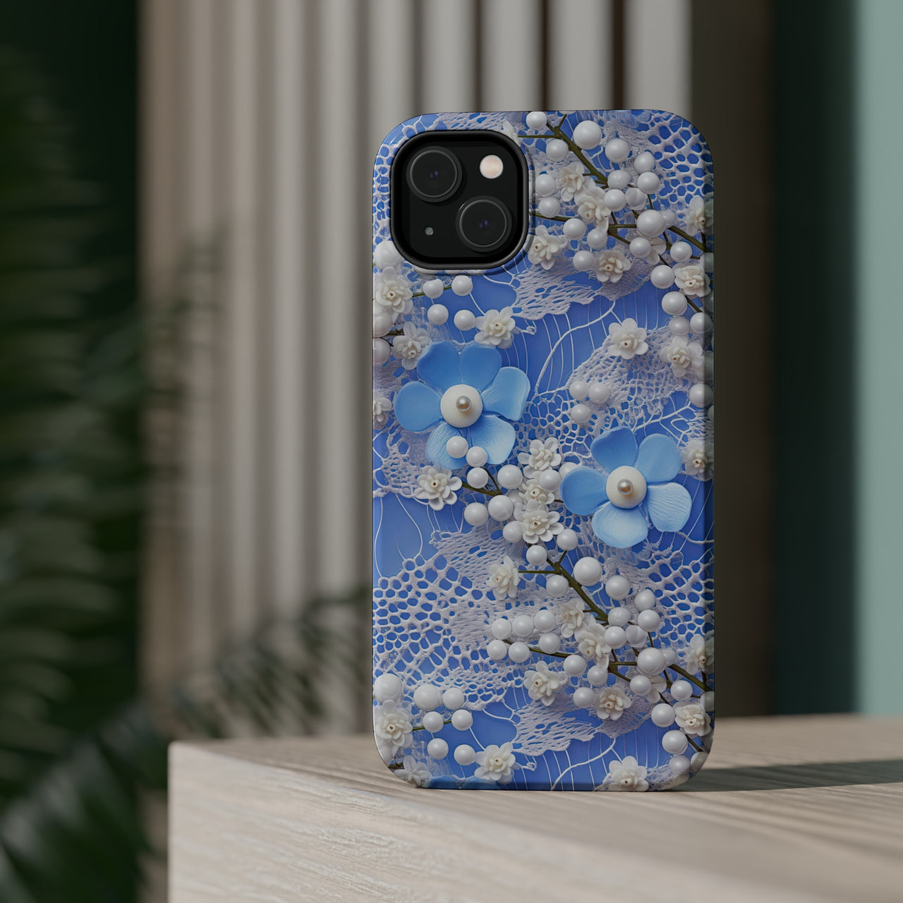 Pearls and Lace on Baby Blue - MagSafe Tough Cases for iPhone 14, iPhone 14 Pro, iPhone 14 Plus, and iPhone 14 Pro Max