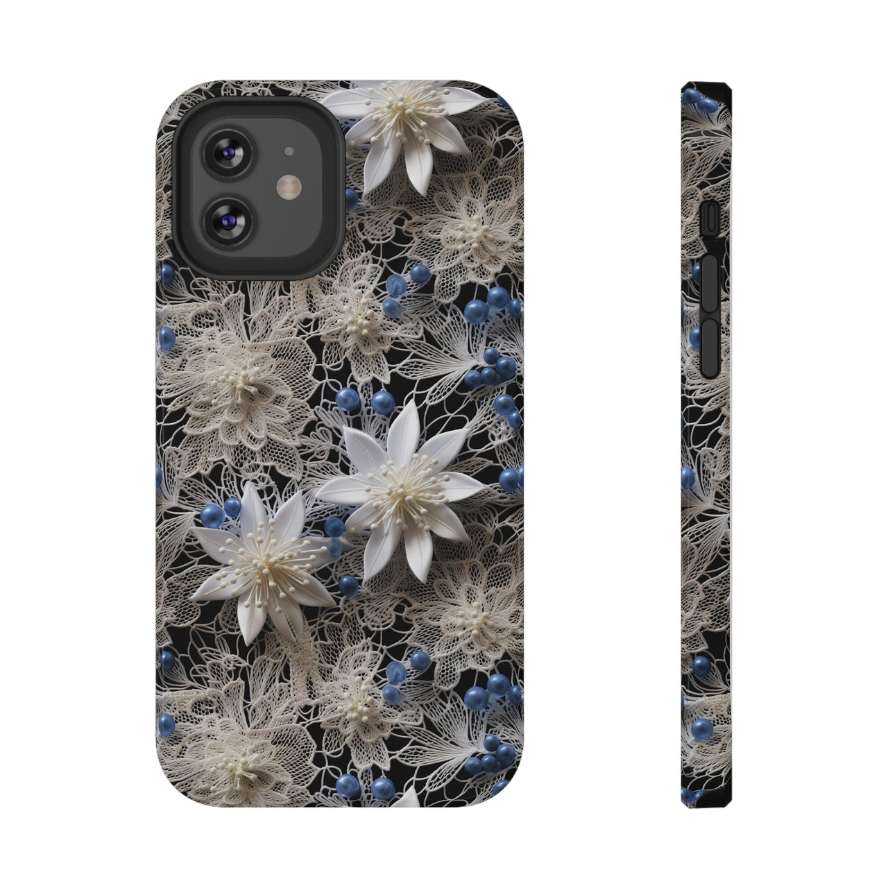 Vintage Lace and Clematis Impact-Resistant Case for iPhone 12, iPhone 12 Mini, iPhone 12 Pro, and iPhone 12 Pro Max. Supports Wireless Charging.