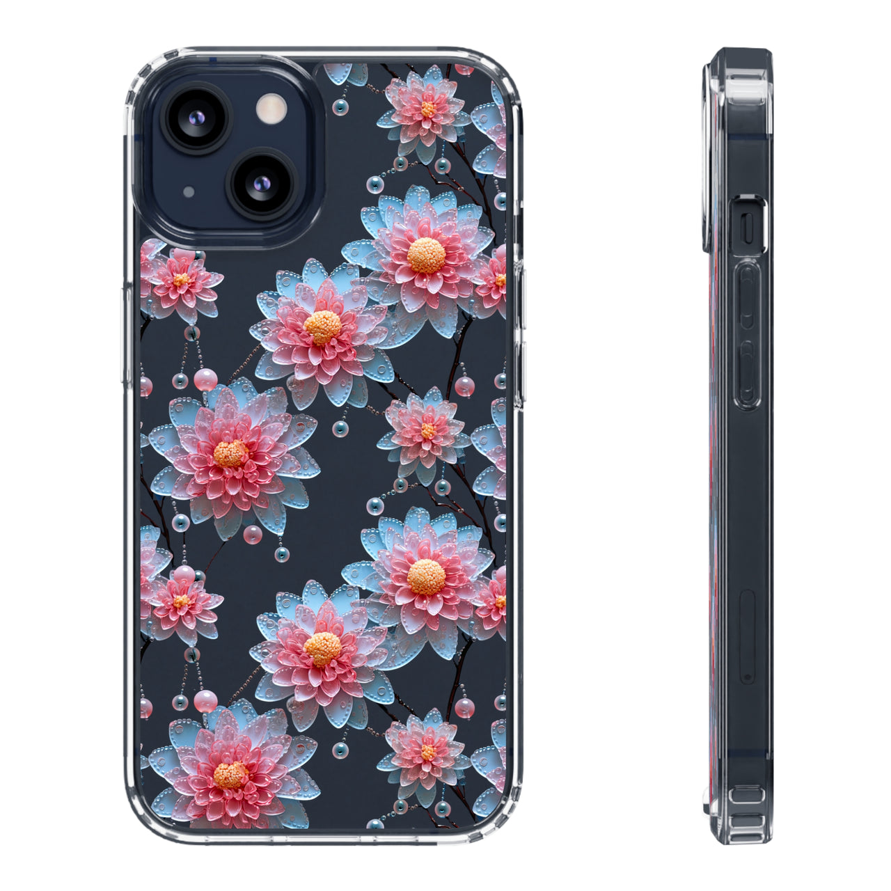 *Clear Case* Pink and Blue Glass Flowers - iPhone 13, iPhone 13 Mini, iPhone 13 Pro, iPhone 13 Pro Max - Supports Wireless Charging