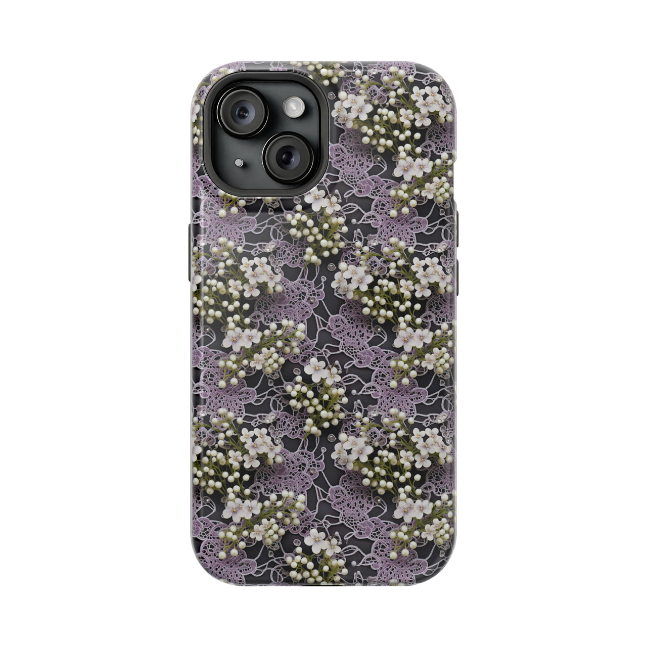 White Flowers on a Purple Bed - MagSafe Tough Case for iPhone 15, iPhone 15 Pro, iPhone 15 Plus, & iPhone 15 Pro Max