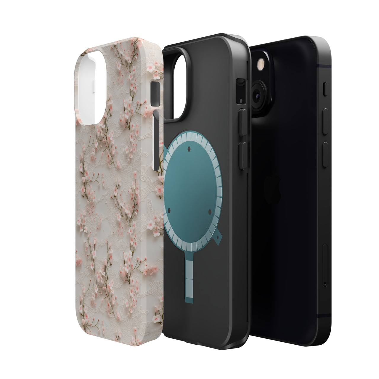 White Lace and Cherry Blossoms MagSafe Tough Cases for iPhone 13, iPhone 13 Mini, iPhone 13 Pro, and iPhone 13 Pro Max.