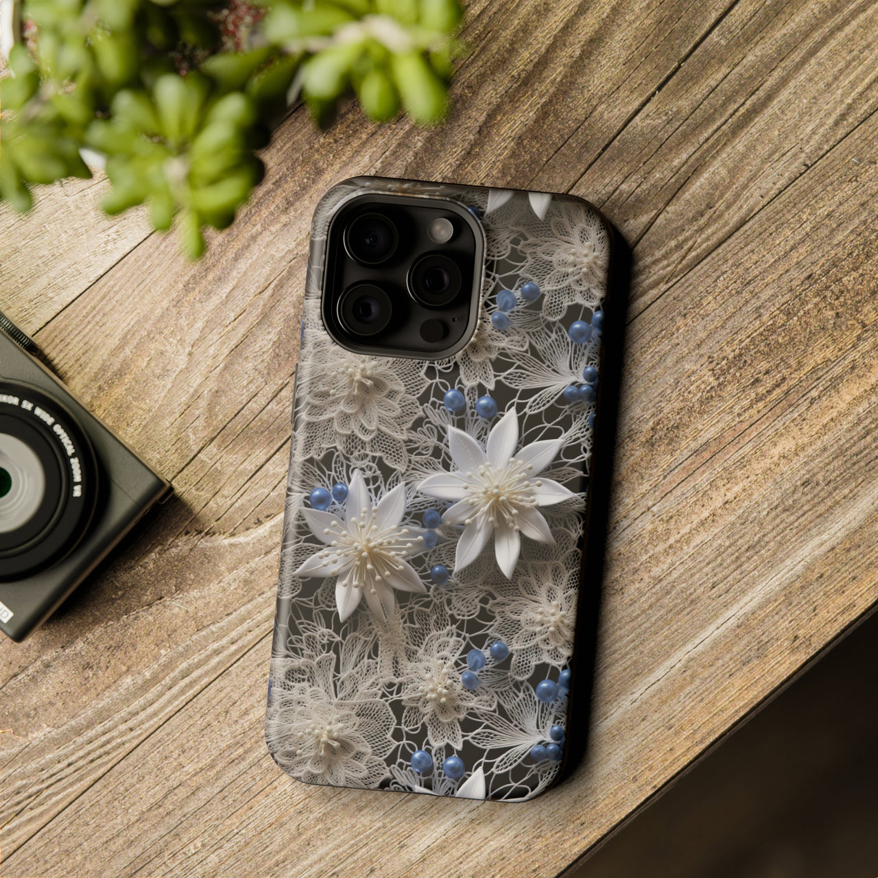 Vintage Lace and Clematis - MagSafe Tough Case for iPhone 15, iPhone 15 Pro, iPhone 15 Plus, & iPhone 15 Pro Max