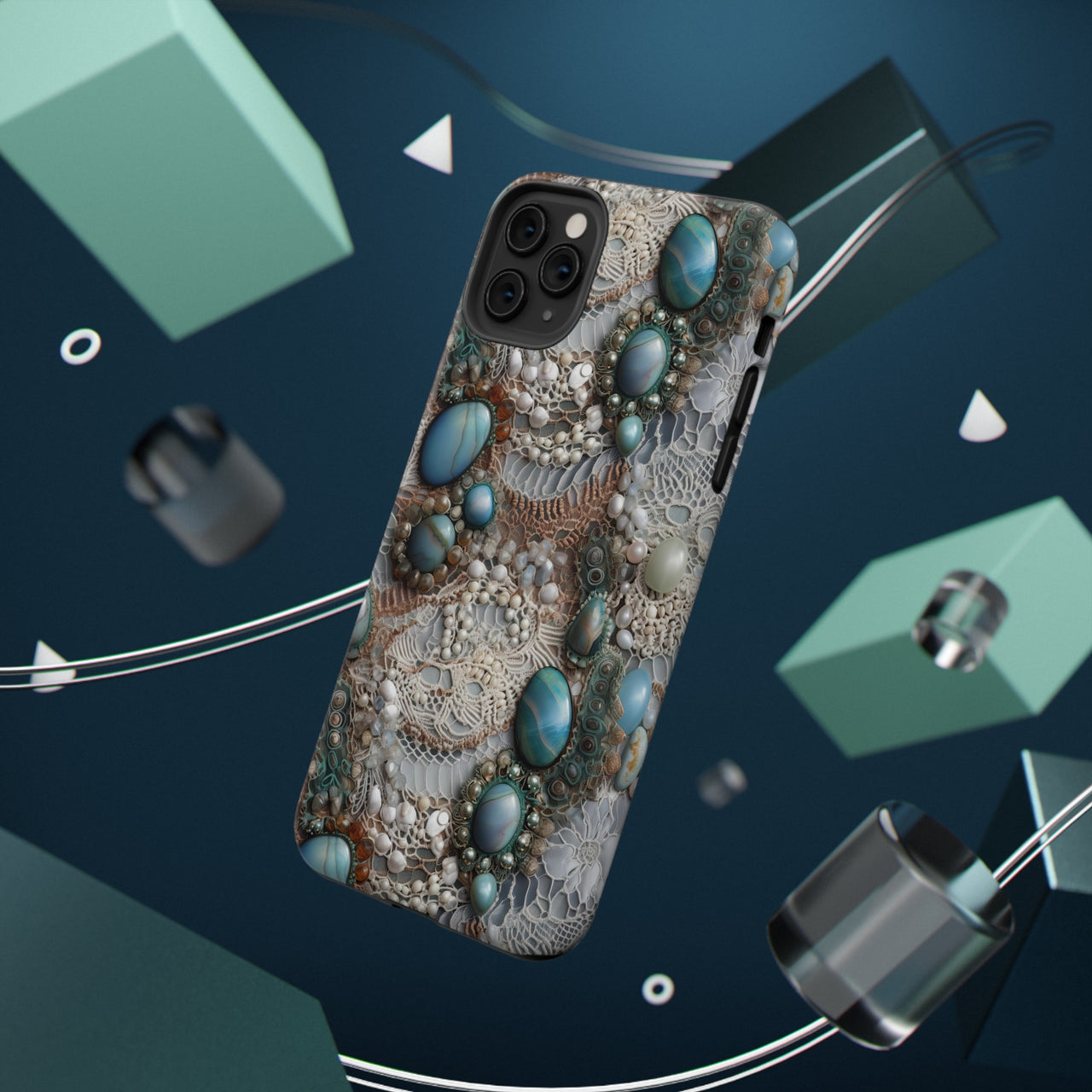 Boho Agate and Lace Impact-Resistant Cases for iPhone 11, iPhone 11 Pro, and iPhone 11 Pro Max. Supports Wireless Charging.