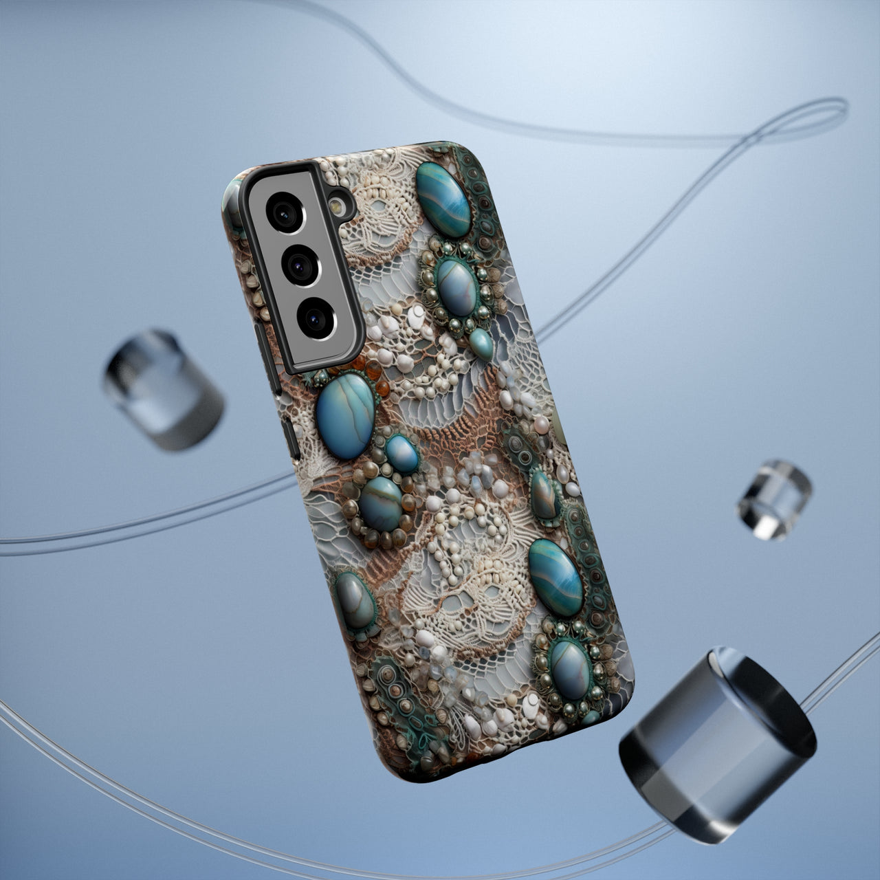 Boho Agate and Lace Impact-Resistant Cases for Samsung Galaxy S22, Samsung Galaxy S22 Plus, and Samsung Galaxy S22 Ultra. Supports Wireless Charging.