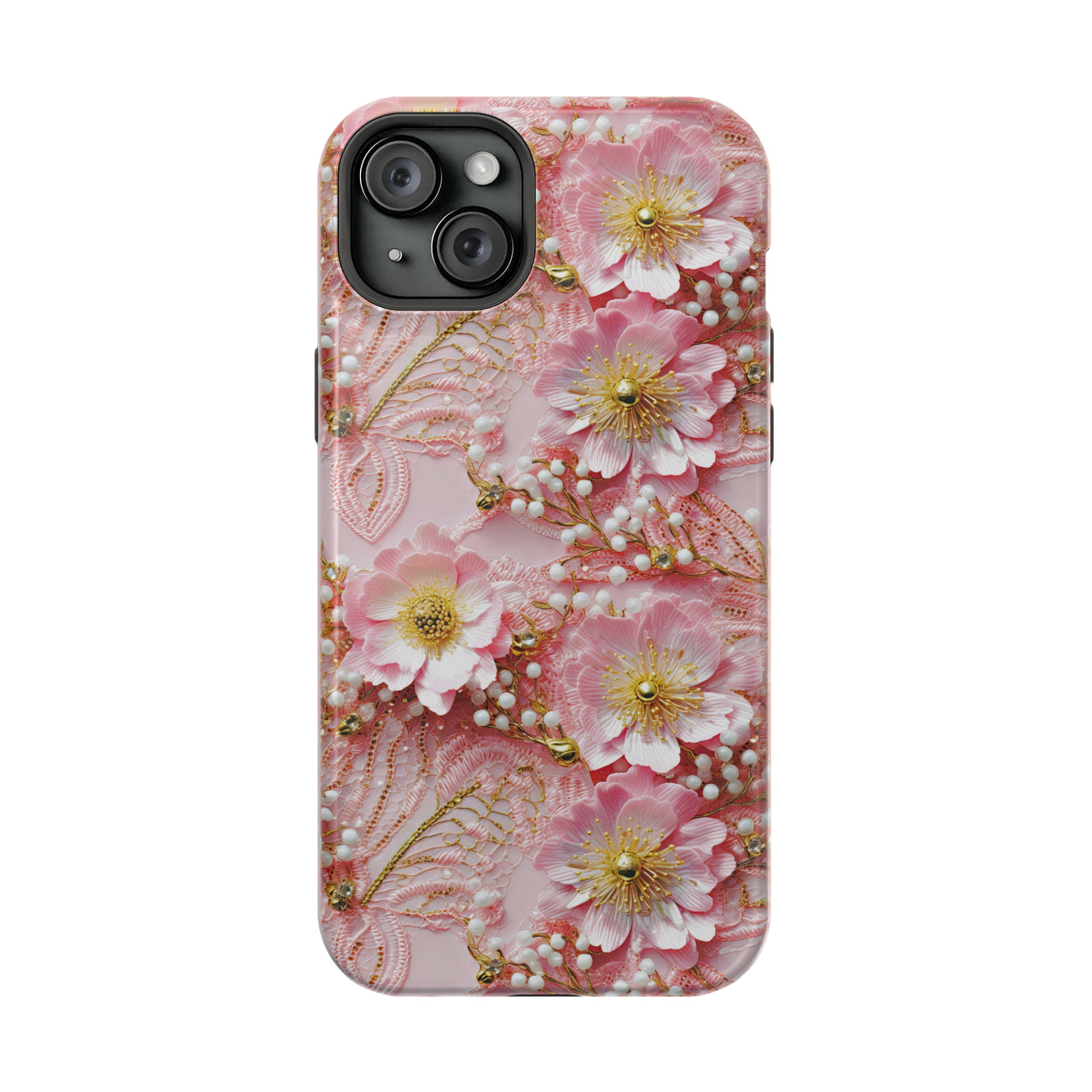 Gold-Kissed Flowers on Pink Lace - MagSafe Tough Case for iPhone 15, iPhone 15 Pro, iPhone 15 Plus, & iPhone 15 Pro Max