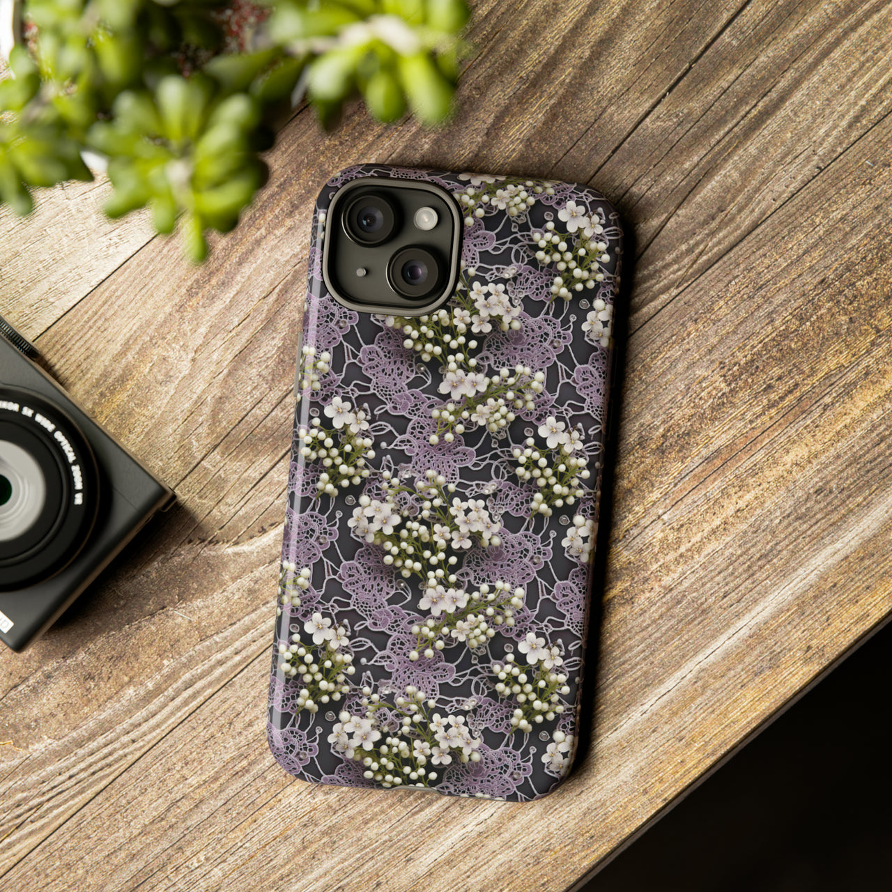 White Flowers on a Purple Bed - Tough Case for iPhone 15, iPhone 15 Pro, iPhone 15 Plus, and iPhone 15 Pro Max