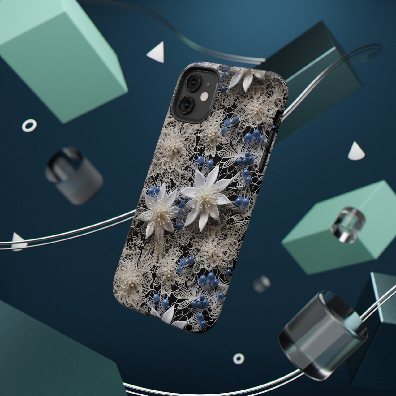 Vintage Lace and Clematis Impact-Resistant Cases for iPhone 11, iPhone 11 Pro, and iPhone 11 Pro Max. Supports Wireless Charging.