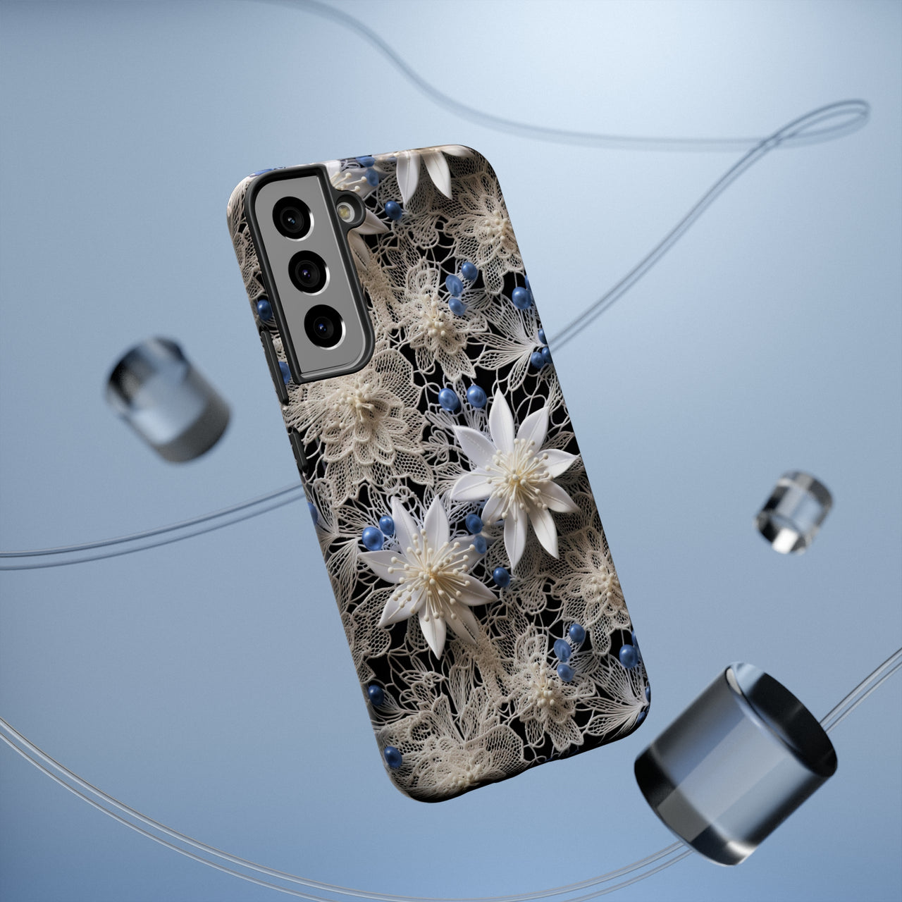 Vintage Lace and Clematis Impact-Resistant Cases for Samsung Galaxy S22, Samsung Galaxy S22 Plus, and Samsung Galaxy S22 Ultra. Supports Wireless Charging.