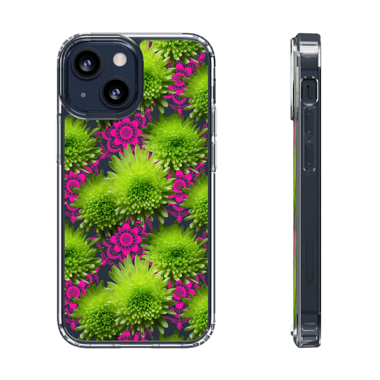 *Clear Case* Green Mums and Lace - iPhone 13, iPhone 13 Mini, iPhone 13 Pro, iPhone 13 Pro Max - Supports Wireless Charging