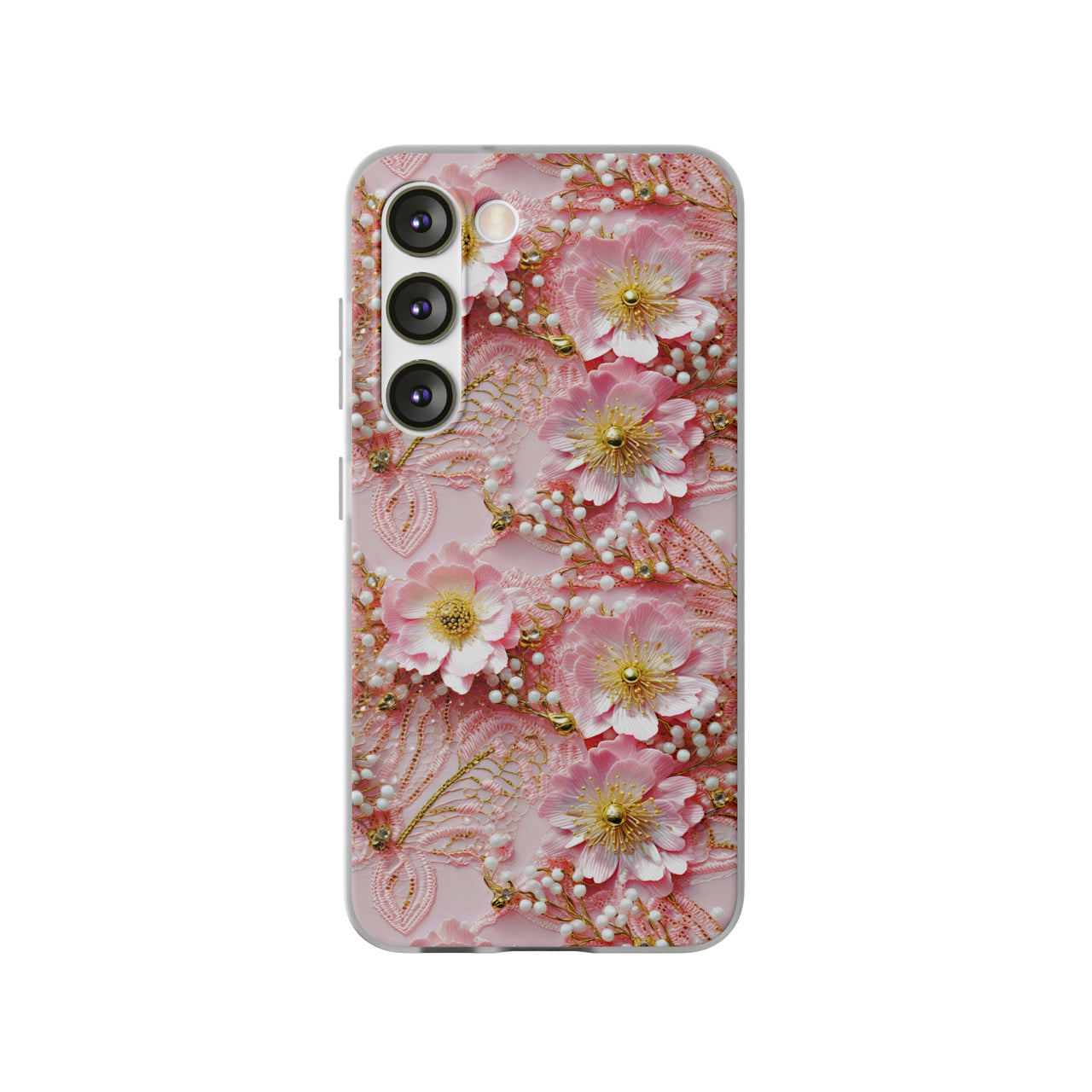 Gold-Kissed Flowers on Pink Lace - Flexi Cases for Samsung Galaxy S23, Samsung Galaxy S23 Plus, & Samsung Galaxy S23 Ultra