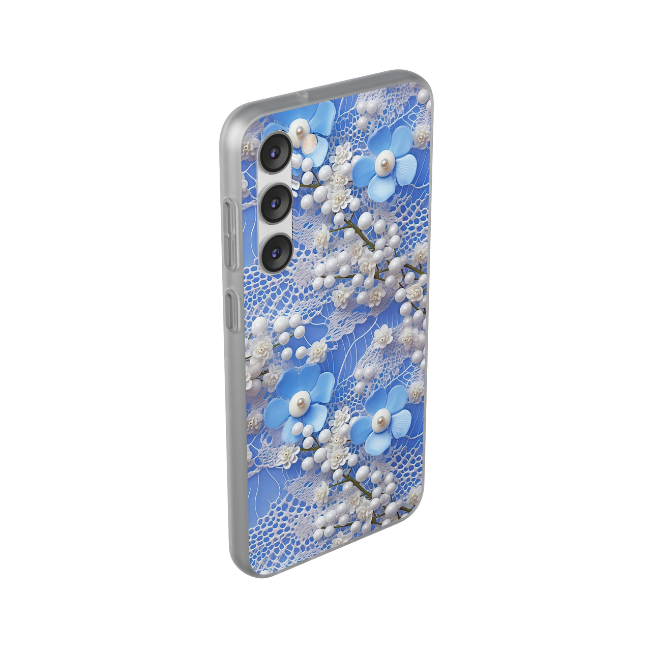 Pearls and Lace on Baby Blue - Flexi Cases for Samsung Galaxy S23, Samsung Galaxy S23 Plus, and Samsung Galaxy S23 Ultra