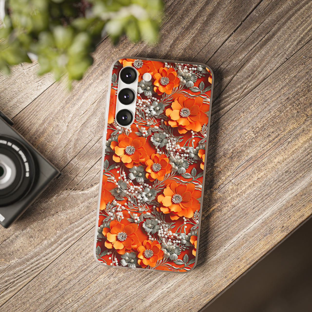 Orange Petals in Silver Tapestry - Flexi Cases for Samsung Galaxy S23, Samsung Galaxy S23 Plus, and Samsung Galaxy S23 Ultra