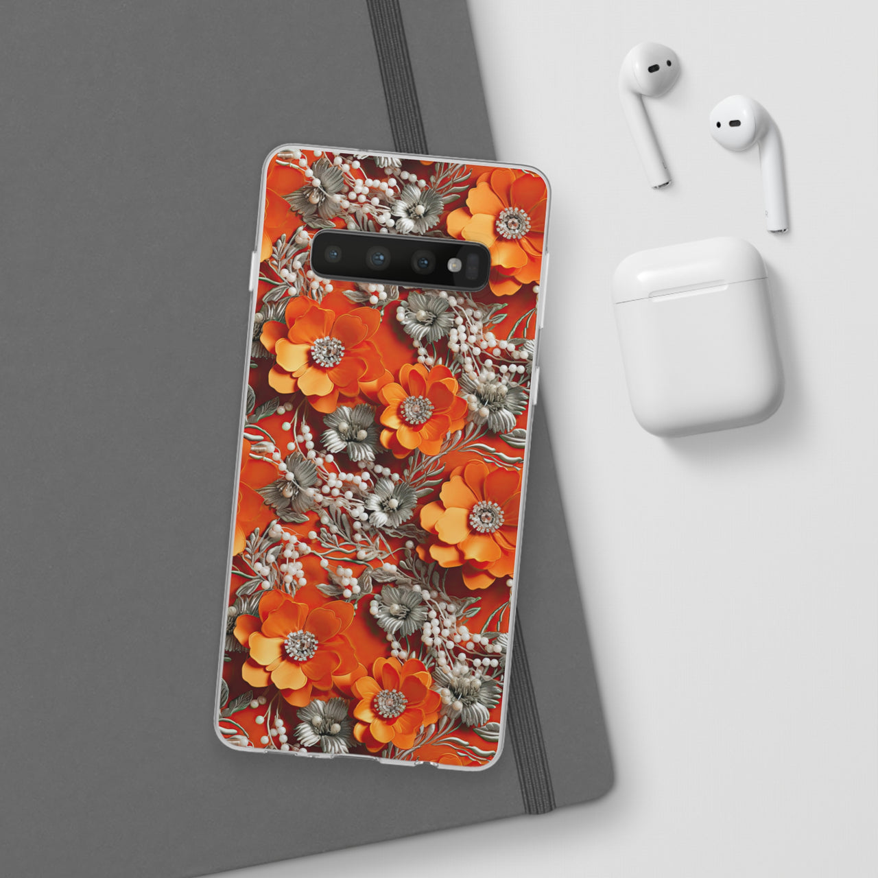 Orange Petals in Silver Tapestry - Flexi Cases for Samsung Galaxy S10, Samsung Galaxy S10E, & Samsung Galaxy S10 Plus