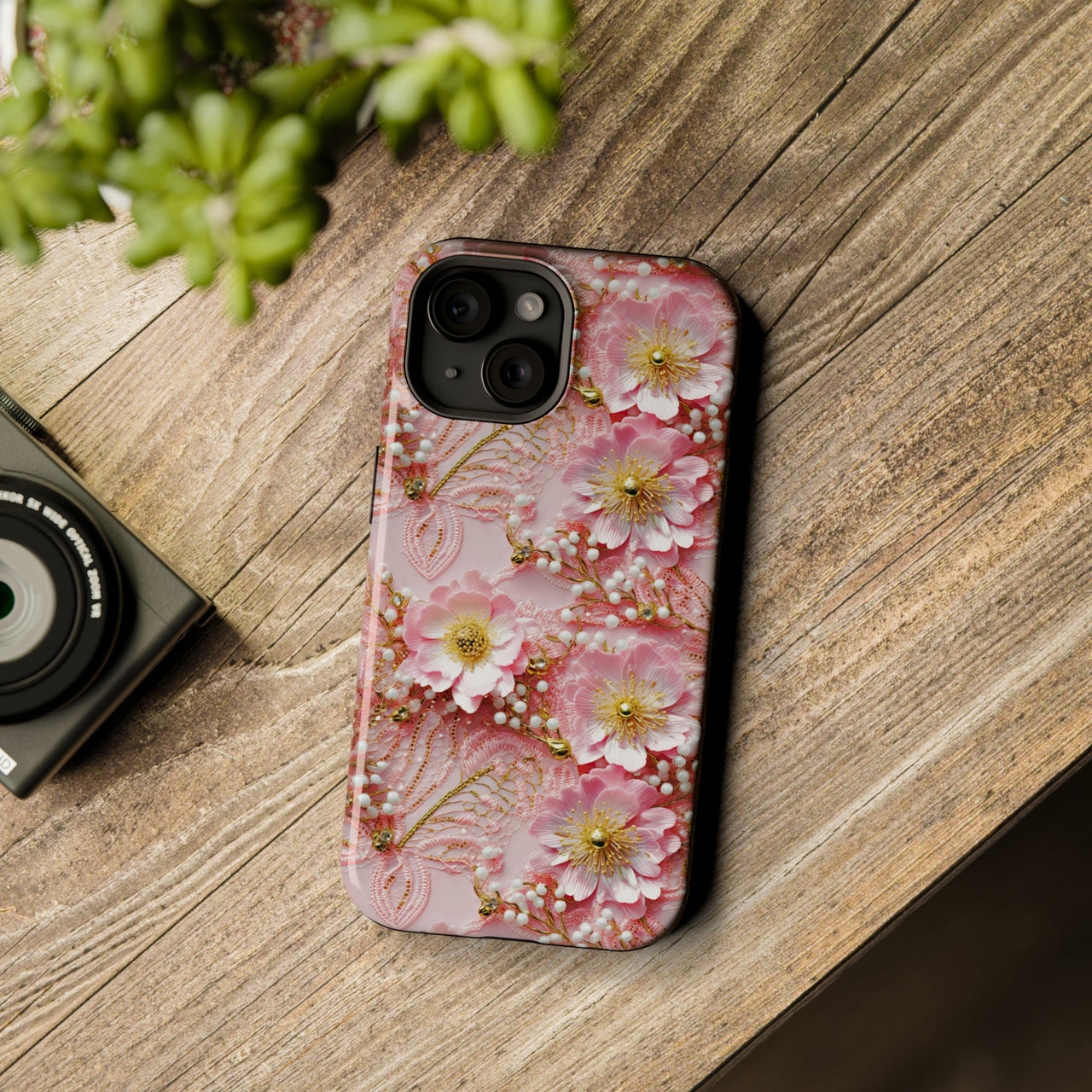 Gold-Kissed Flowers on Pink Lace - MagSafe Tough Case for iPhone 15, iPhone 15 Pro, iPhone 15 Plus, & iPhone 15 Pro Max