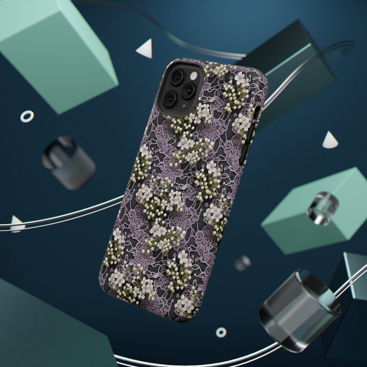 White Flowers on a Purple Bed - Impact-Resistant Cases for iPhone 11, iPhone 11 Pro, and iPhone 11 Pro Max. Supports Wireless Charging.