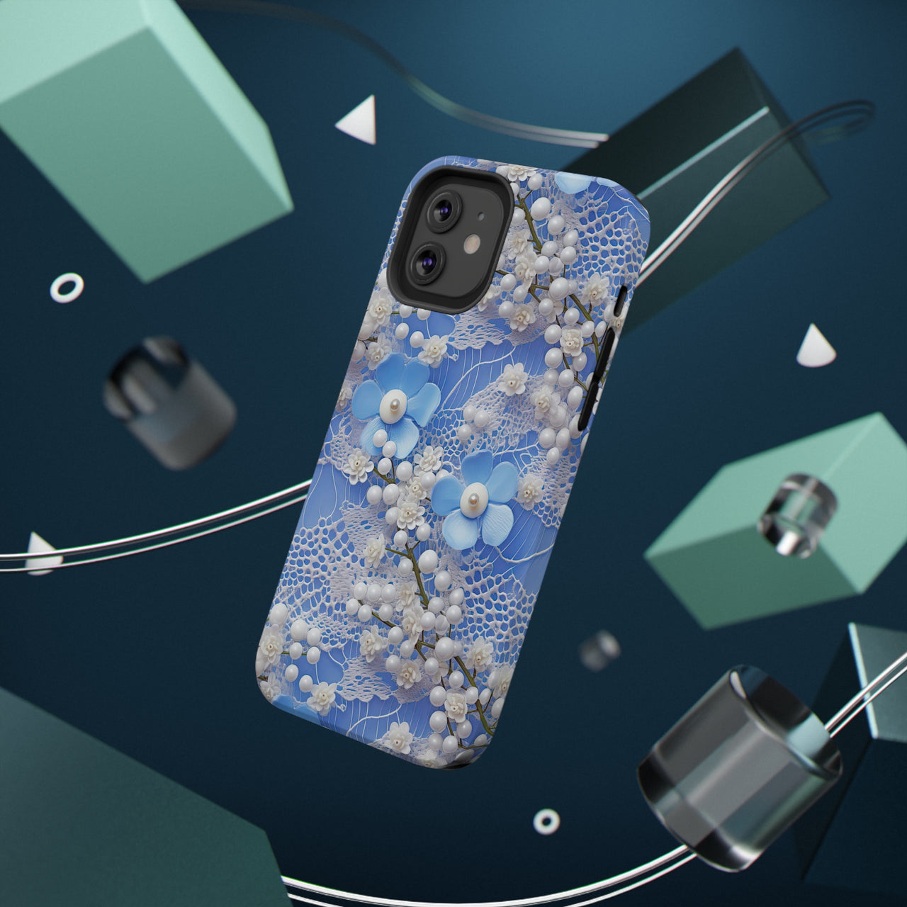 Pearls and Lace on Baby Blue - Impact-Resistant Case for iPhone 12, iPhone 12 Mini, iPhone 12 Pro, and iPhone 12 Pro Max. Supports Wireless Charging.