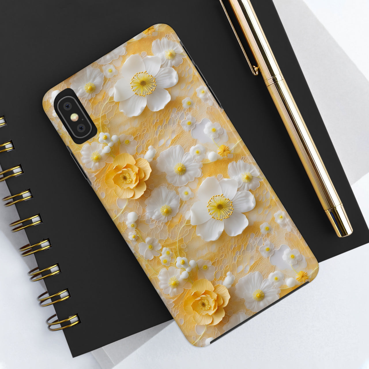 Yellow Floral Tough Phone Cases for iPhone X, iPhone XR, iPhone XS, and iPhone XS MAX. Supports Wireless Charging.