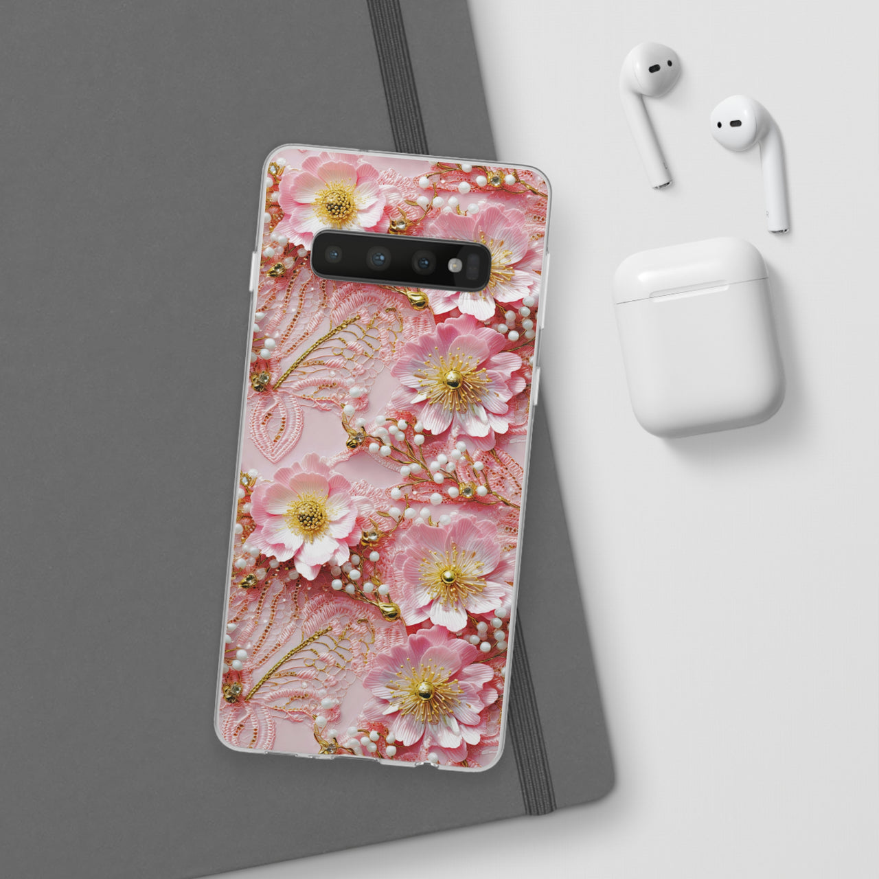 Gold-Kissed Flowers on Pink Lace - Flexi Cases for Samsung Galaxy S10, Samsung Galaxy S10E, & Samsung Galaxy S10 Plus