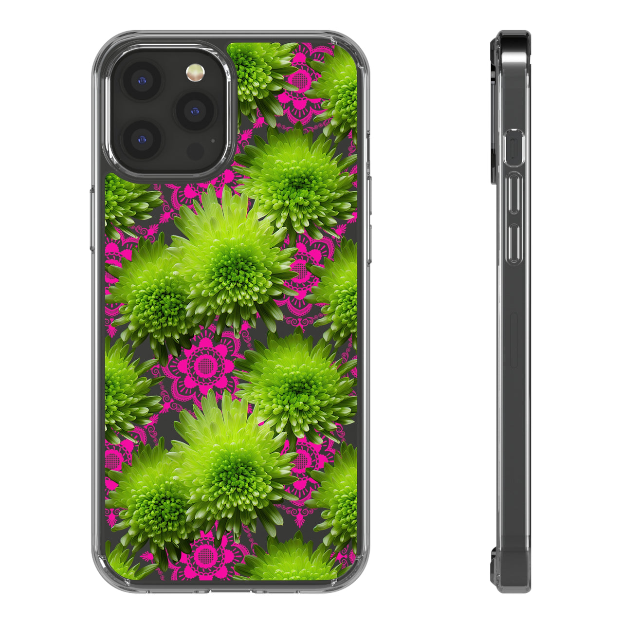 *Clear Case* Green Mums and Lace - iPhone 12, iPhone 12 Mini, iPhone 12 Pro, iPhone 12 Pro Max - Supports Wireless Charging