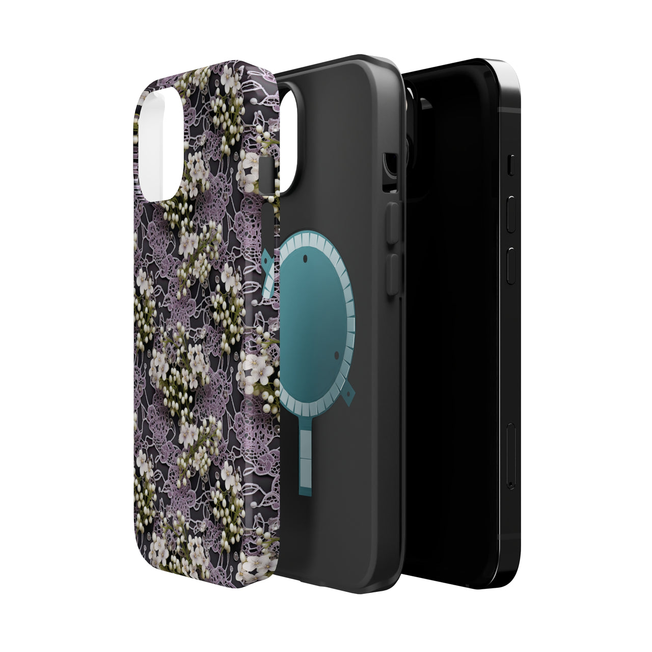 White Flowers on a Purple Bed - MagSafe Tough Cases for iPhone 14, iPhone 14 Pro, iPhone 14 Plus, and iPhone 14 Pro Max