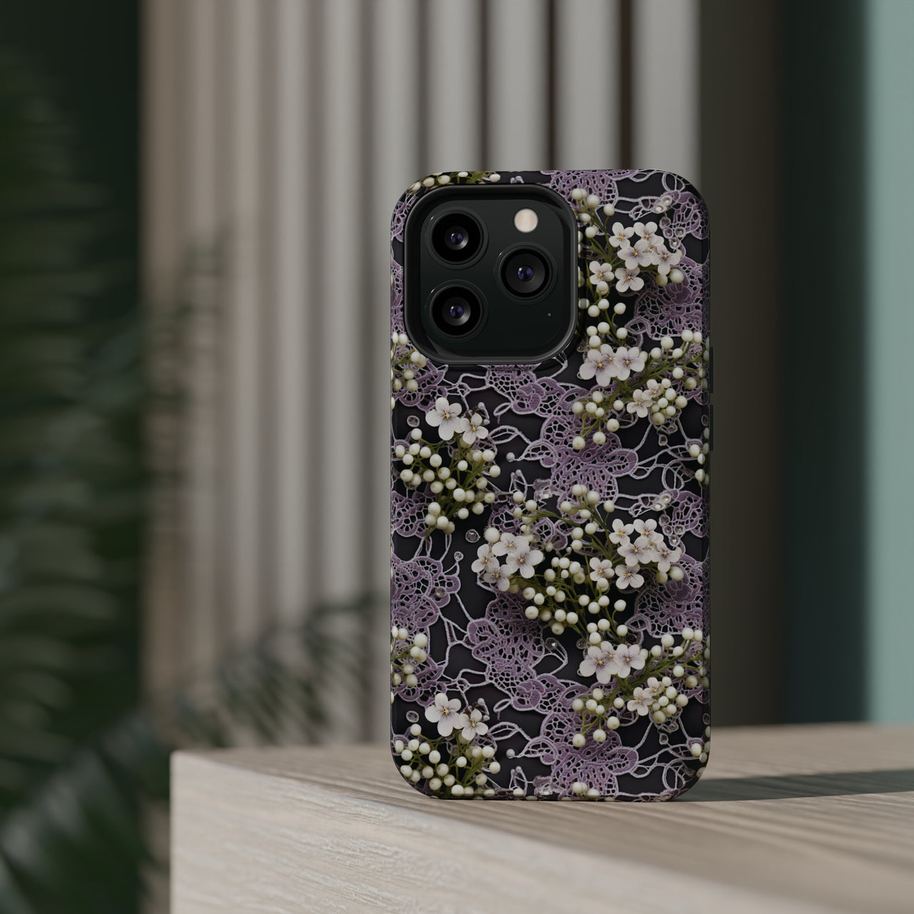 White Flowers on a Purple Bed - MagSafe Tough Cases for iPhone 13, iPhone 13 Mini, iPhone 13 Pro, and iPhone 13 Pro Max.