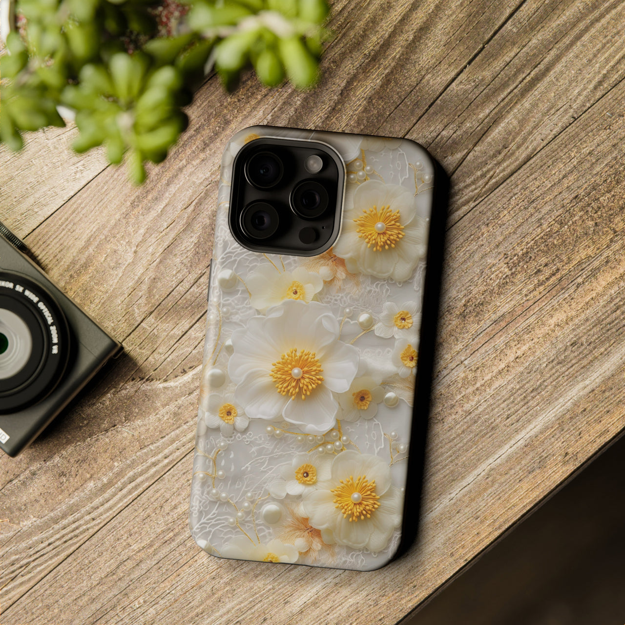 White and Yellow Floral - MagSafe Tough Case for iPhone 15, iPhone 15 Pro, iPhone 15 Plus, & iPhone 15 Pro Max