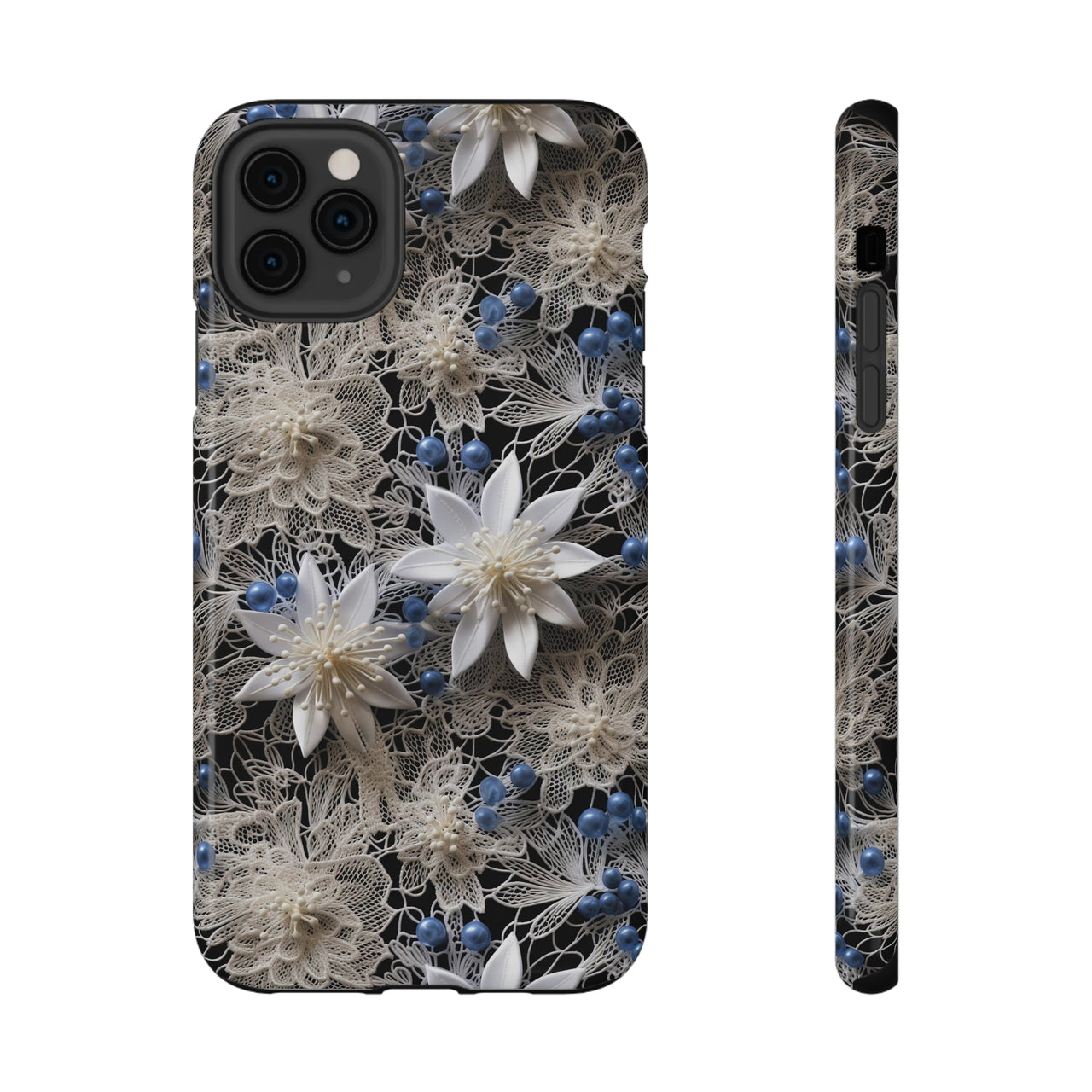 Vintage Lace and Clematis Impact-Resistant Cases for iPhone 11, iPhone 11 Pro, and iPhone 11 Pro Max. Supports Wireless Charging.