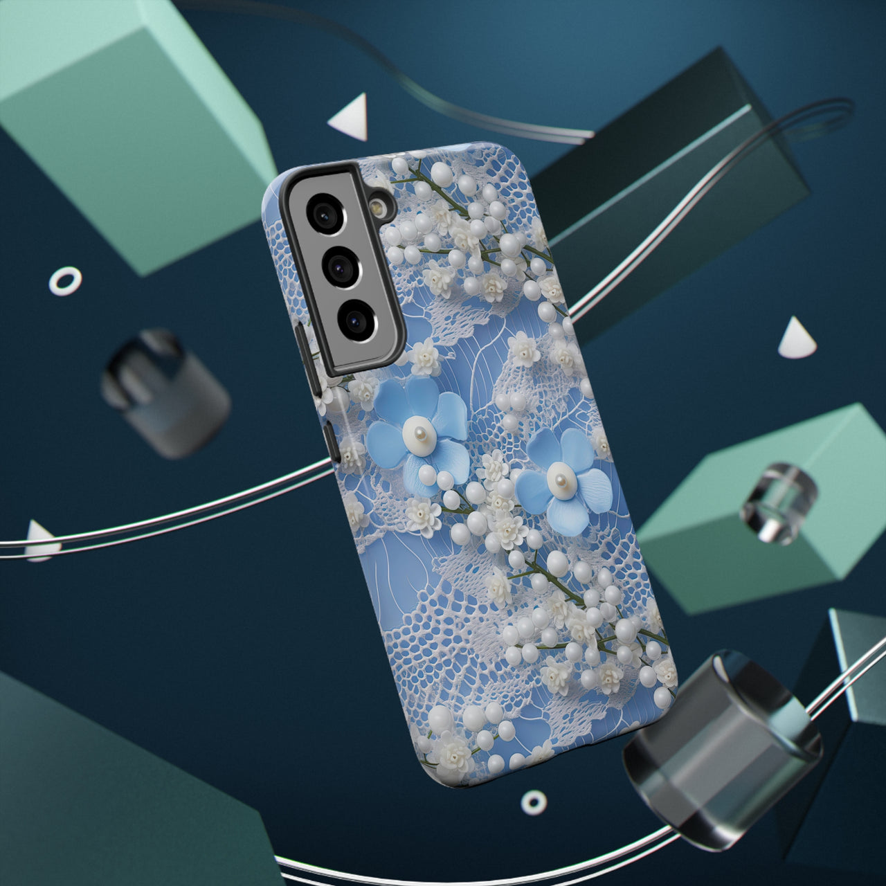 Pearls and Lace on Baby Blue - Impact-Resistant Case for Samsung Galaxy S22, Samsung Galaxy S22 Plus, and Samsung Galaxy S22 Ultra. Supports Wireless Charging.